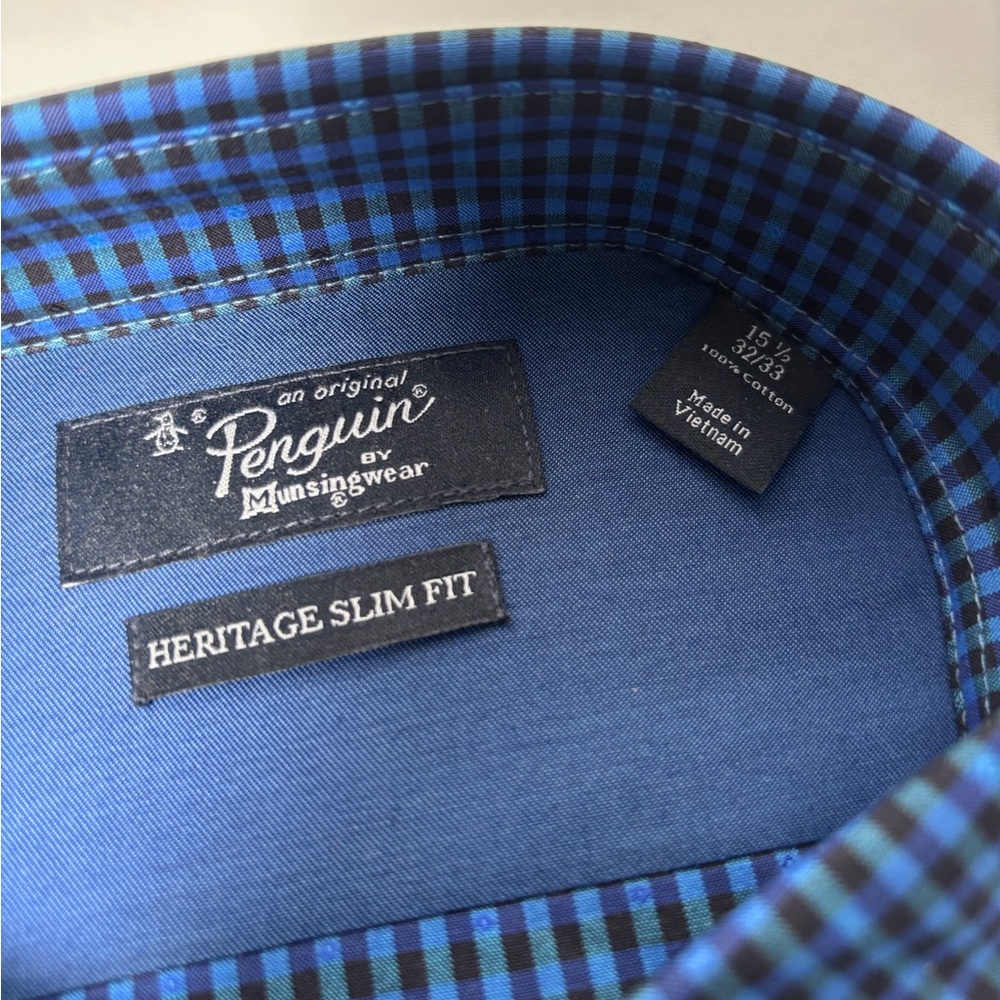 Original Penguin Blue Plaid Heritage Slim Fit Button Down Dress Shirt 15.5 NWT - Picture 2 of 4